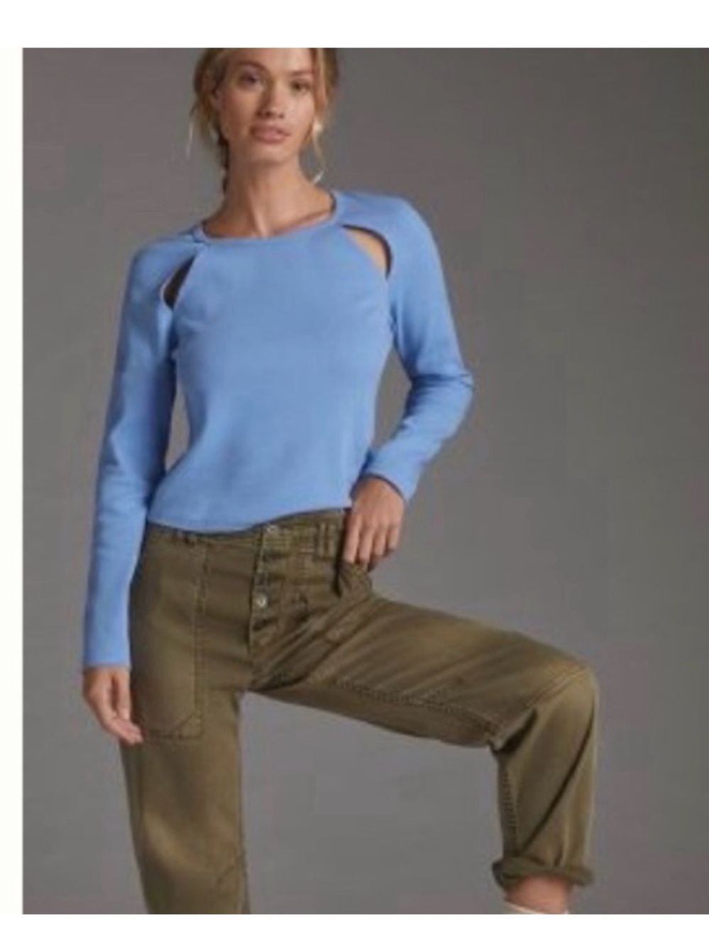 Anthropologie Maeve ribbed blue long sleeve top with shoulder cutouts Size XS